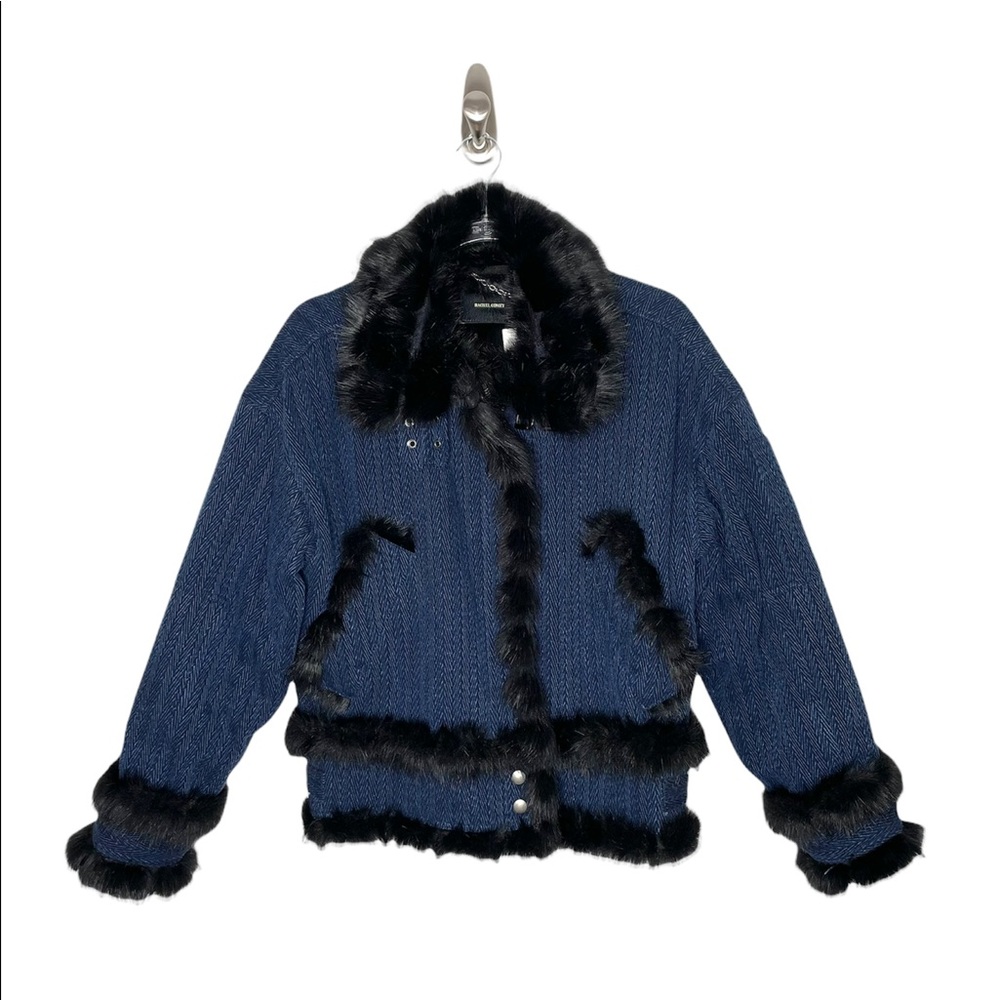 Rachel Comey | Holland Jacket Blue Denim Moto Black Faux Fur Lined Coat 4